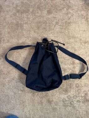 Suitsupply Navy Nylon Bucket Backpack Brown Leather Trim Drawstring Bag